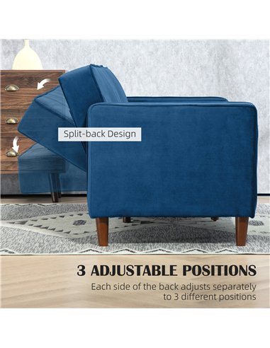HOMCOM Velvet-Feel Three-Seater Sofa Bed - Blue