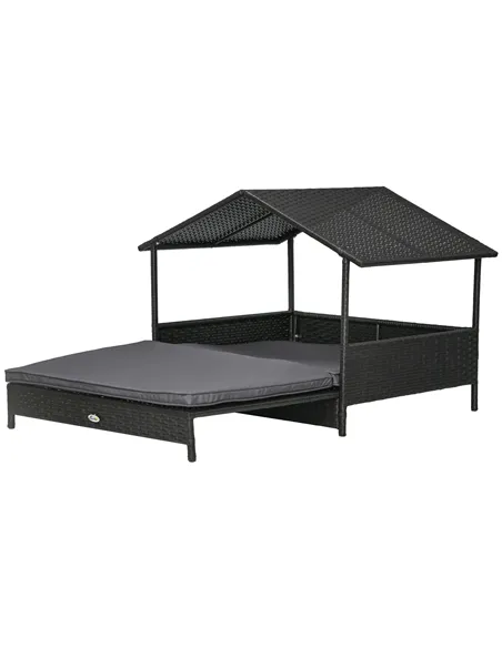 PawHut Extendable Elevated Dog Bed, Rattan Dog House w/ Water-Resistant Roof, Removable Cushion - Grey