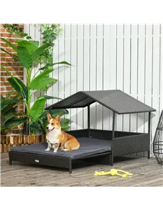 PawHut Extendable Elevated Dog Bed, Rattan Dog House w/ Water-Resistant Roof, Removable Cushion - Grey 2