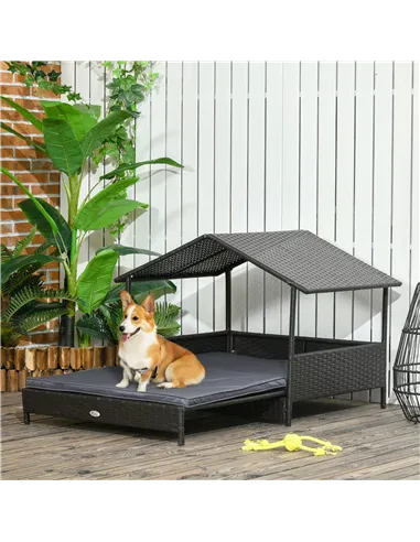 PawHut Extendable Elevated Dog Bed, Rattan Dog House w/ Water-Resistant Roof, Removable Cushion - Grey