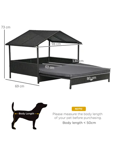 PawHut Extendable Elevated Dog Bed, Rattan Dog House w/ Water-Resistant Roof, Removable Cushion - Grey