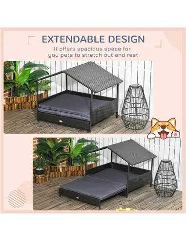 PawHut Extendable Elevated Dog Bed, Rattan Dog House w/ Water-Resistant Roof, Removable Cushion - Grey