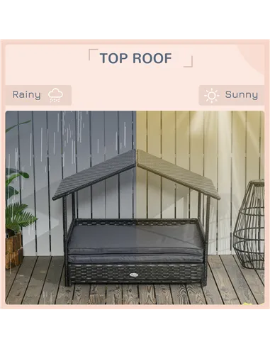 PawHut Extendable Elevated Dog Bed, Rattan Dog House w/ Water-Resistant Roof, Removable Cushion - Grey