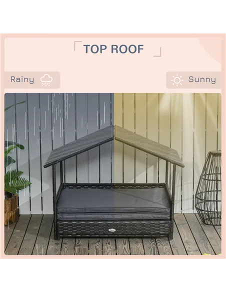 PawHut Extendable Elevated Dog Bed, Rattan Dog House w/ Water-Resistant Roof, Removable Cushion - Grey