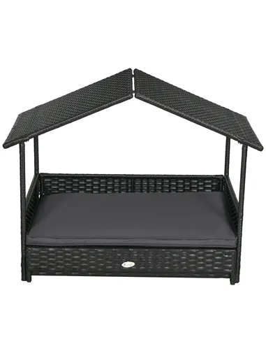 PawHut Extendable Elevated Dog Bed, Rattan Dog House w/ Water-Resistant Roof, Removable Cushion - Grey