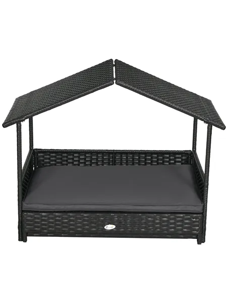 PawHut Extendable Elevated Dog Bed, Rattan Dog House w/ Water-Resistant Roof, Removable Cushion - Grey