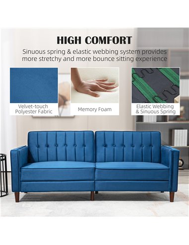 HOMCOM Velvet-Feel Three-Seater Sofa Bed - Blue