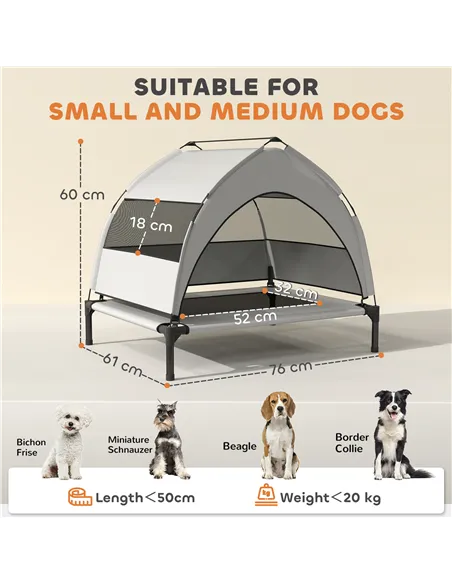 PawHut Portable Elevated Dog Bed with Removable Canopy, Cooling Raised Pet Cot for Small Medium Dogs, 76 x 61 x 60 cm