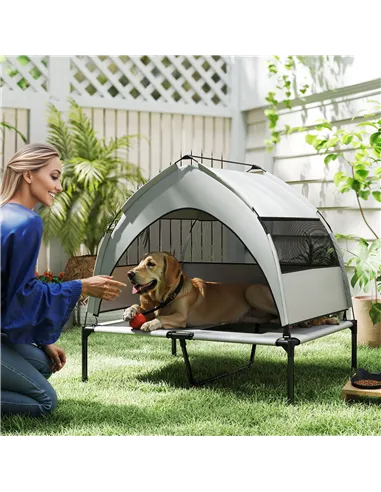 PawHut Portable Elevated Dog Bed with Removable Canopy, Cooling Raised Pet Cot for Medium Large Dogs, 92 x 75 x 89 cm