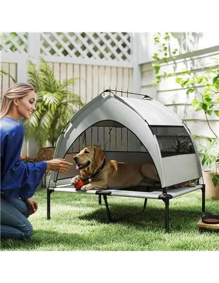 PawHut Portable Elevated Dog Bed with Removable Canopy, Cooling Raised Pet Cot for Medium Large Dogs, 92 x 75 x 89 cm