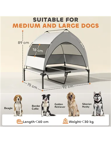 PawHut Portable Elevated Dog Bed with Removable Canopy, Cooling Raised Pet Cot for Medium Large Dogs, 92 x 75 x 89 cm