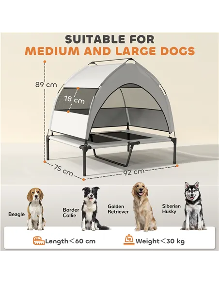 PawHut Portable Elevated Dog Bed with Removable Canopy, Cooling Raised Pet Cot for Medium Large Dogs, 92 x 75 x 89 cm