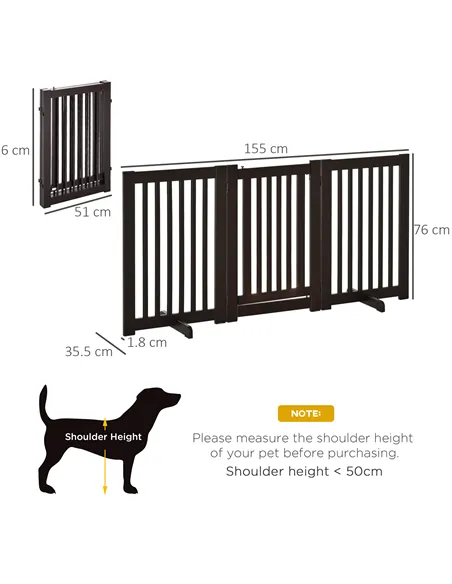 PawHut Freestanding Dog Gate, Foldable Pet Fence, Indoor Barrier, Stair Gate with Support Feet, 155 x 76 cm, Brown