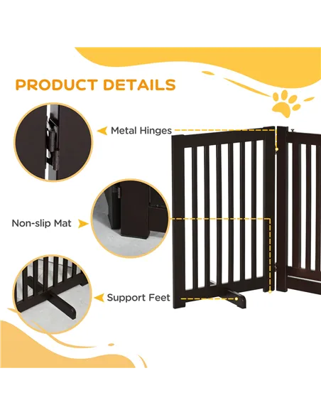 PawHut Freestanding Dog Gate, Foldable Pet Fence, Indoor Barrier, Stair Gate with Support Feet, 155 x 76 cm, Brown