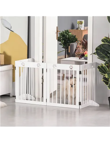 PawHut Freestanding Pet Gate 4 Panel Wooden Dog Barrier Folding Safety Fence with Support Feet up to 204cm Long 61cm Tall for Do