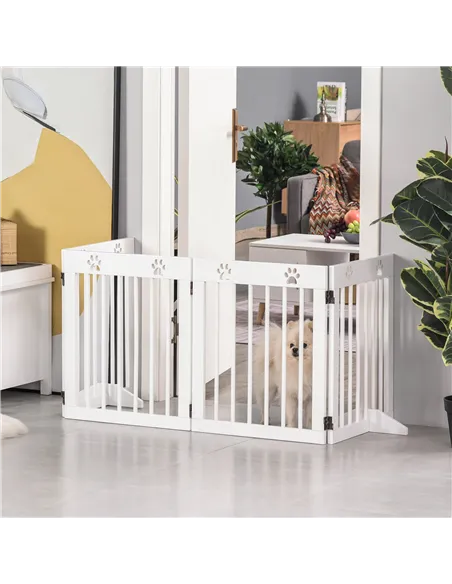PawHut Freestanding Pet Gate 4 Panel Wooden Dog Barrier Folding Safety Fence with Support Feet up to 204cm Long 61cm Tall for Do