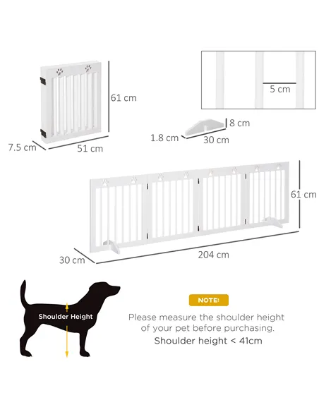 PawHut Freestanding Pet Gate 4 Panel Wooden Dog Barrier Folding Safety Fence with Support Feet up to 204cm Long 61cm Tall for Do