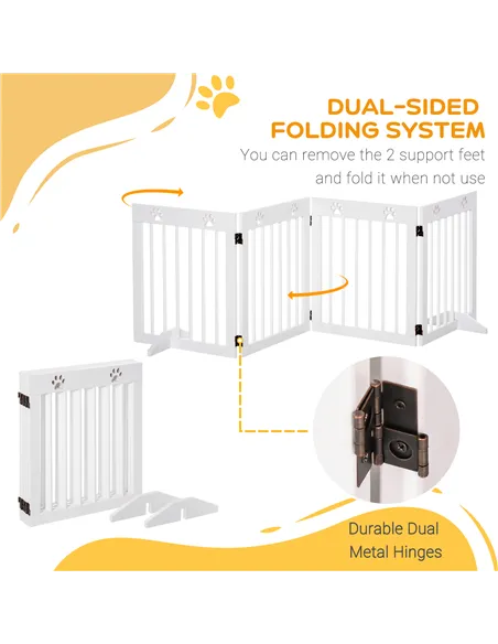 PawHut Freestanding Pet Gate 4 Panel Wooden Dog Barrier Folding Safety Fence with Support Feet up to 204cm Long 61cm Tall for Do