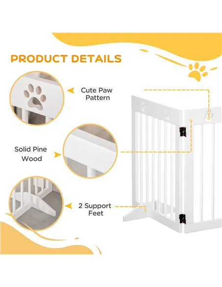 PawHut Freestanding Pet Gate 4 Panel Wooden Dog Barrier Folding Safety Fence with Support Feet up to 204cm Long 61cm Tall for Do