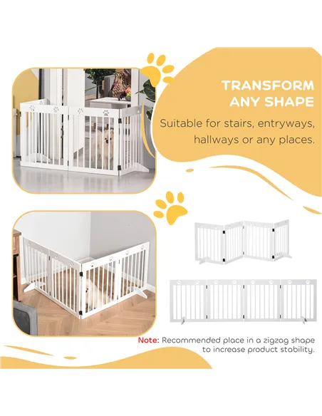 PawHut Freestanding Pet Gate 4 Panel Wooden Dog Barrier Folding Safety Fence with Support Feet up to 204cm Long 61cm Tall for Do