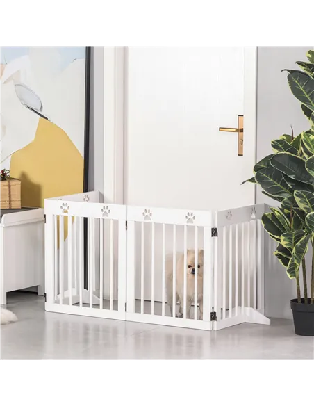 PawHut Freestanding Pet Gate 4 Panel Wooden Dog Barrier Folding Safety Fence with Support Feet up to 204cm Long 61cm Tall for Do