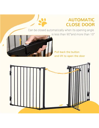 PawHut Pet Safety Gate, 3 Panels Playpen Fireplace, Foldable Metal Fence, Stair Barrier, Room Divider, Fire Guard w/ Automatic C
