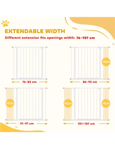 PawHut Dog Gate Pet Safety Gate Stair Barrier Pressure Fit Adjustable 76-82/86-97/101-107 cm, White