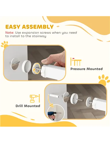 PawHut Dog Gate Pet Safety Gate Stair Barrier Pressure Fit Adjustable 76-82/86-97/101-107 cm, White