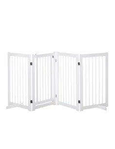 PawHut Freestanding Pet Gate 4 Panels Wooden Dog Safety Fence Foldable with Support Feet for Doorway Stairs 91cm Tall White