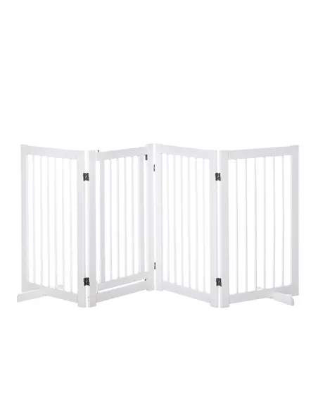 PawHut Freestanding Pet Gate 4 Panels Wooden Dog Safety Fence Foldable with Support Feet for Doorway Stairs 91cm Tall White