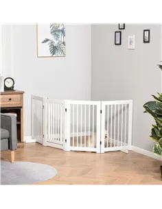PawHut Freestanding Pet Gate 4 Panels Wooden Dog Safety Fence Foldable with Support Feet for Doorway Stairs 91cm Tall White 2