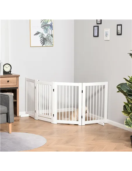 PawHut Freestanding Pet Gate 4 Panels Wooden Dog Safety Fence Foldable with Support Feet for Doorway Stairs 91cm Tall White
