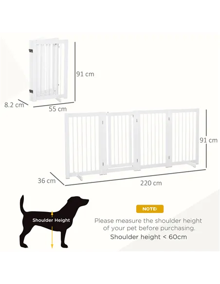 PawHut Freestanding Pet Gate 4 Panels Wooden Dog Safety Fence Foldable with Support Feet for Doorway Stairs 91cm Tall White