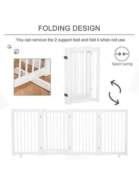 PawHut Freestanding Pet Gate 4 Panels Wooden Dog Safety Fence Foldable with Support Feet for Doorway Stairs 91cm Tall White