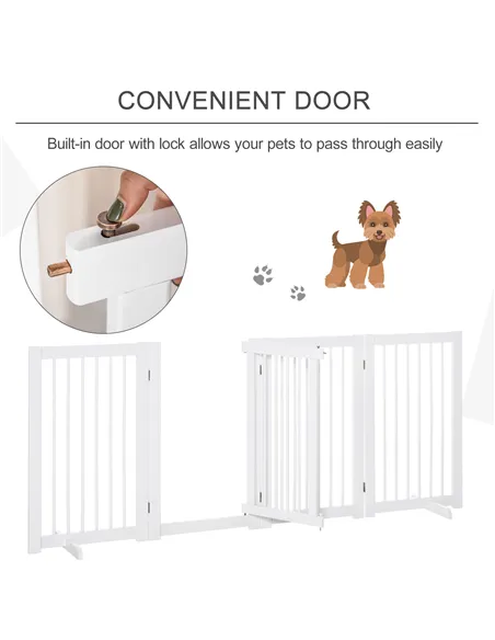 PawHut Freestanding Pet Gate 4 Panels Wooden Dog Safety Fence Foldable with Support Feet for Doorway Stairs 91cm Tall White
