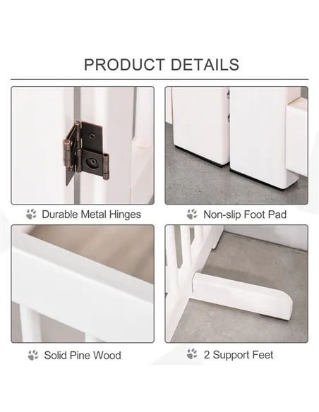 PawHut Freestanding Pet Gate 4 Panels Wooden Dog Safety Fence Foldable with Support Feet for Doorway Stairs 91cm Tall White