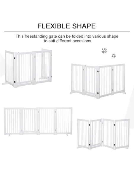 PawHut Freestanding Pet Gate 4 Panels Wooden Dog Safety Fence Foldable with Support Feet for Doorway Stairs 91cm Tall White