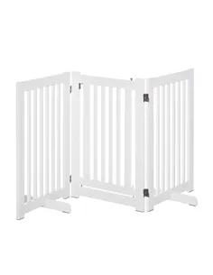 PawHutPet Gates MDF Freestanding Expandable Dog Gate Wood Doorway Pet Barrier Fence w/ Latched Door White