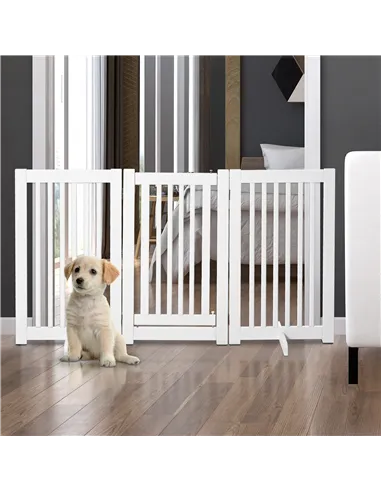 PawHutPet Gates MDF Freestanding Expandable Dog Gate Wood Doorway Pet Barrier Fence w/ Latched Door White