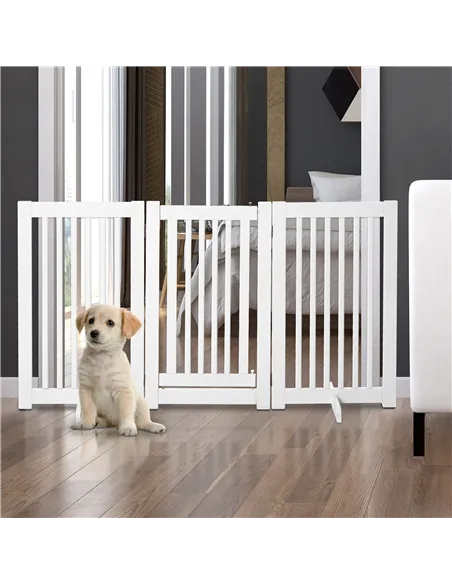 PawHutPet Gates MDF Freestanding Expandable Dog Gate Wood Doorway Pet Barrier Fence w/ Latched Door White
