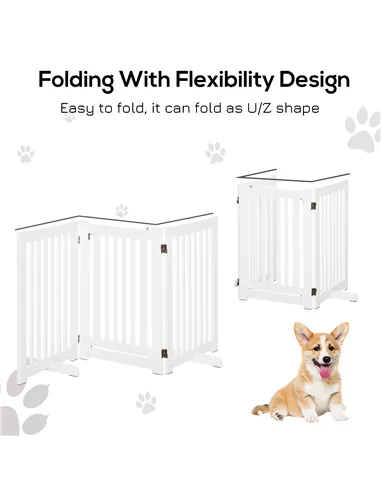 PawHutPet Gates MDF Freestanding Expandable Dog Gate Wood Doorway Pet Barrier Fence w/ Latched Door White