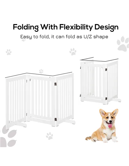 PawHutPet Gates MDF Freestanding Expandable Dog Gate Wood Doorway Pet Barrier Fence w/ Latched Door White