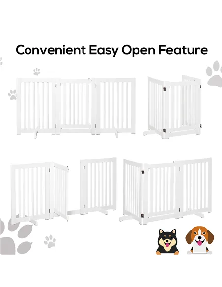 PawHutPet Gates MDF Freestanding Expandable Dog Gate Wood Doorway Pet Barrier Fence w/ Latched Door White