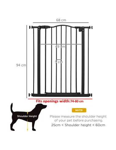 PawHut Pressure Fit Dog Stair Gate No Drilling Safety Gate Auto Close for Doorways, Hallways, 74-80cm Adjustable, 94cm Tall, Bla