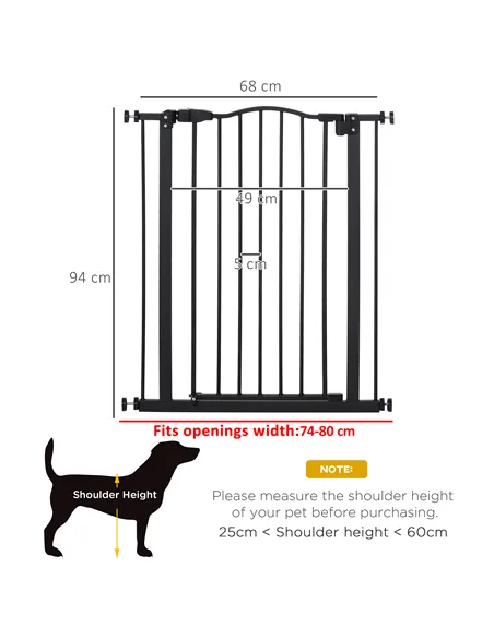 PawHut Pressure Fit Dog Stair Gate No Drilling Safety Gate Auto Close for Doorways, Hallways, 74-80cm Adjustable, 94cm Tall, Bla
