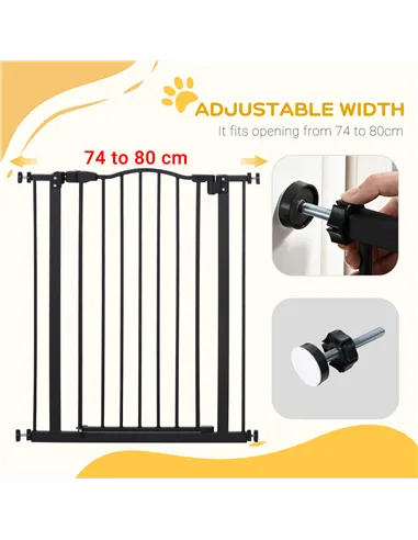 PawHut Pressure Fit Dog Stair Gate No Drilling Safety Gate Auto Close for Doorways, Hallways, 74-80cm Adjustable, 94cm Tall, Bla
