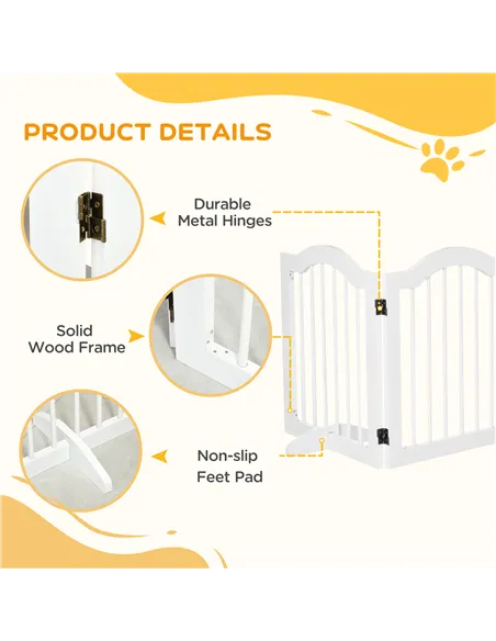 PawHut 3 Panels Dog Gate w/ Support Feet Fence Safety Barrier Freestanding Wood White