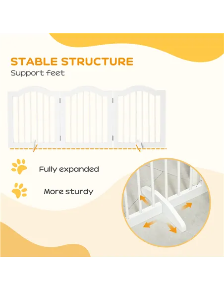 PawHut 3 Panels Dog Gate w/ Support Feet Fence Safety Barrier Freestanding Wood White