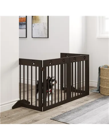 PawHut Freestanding Pet Gate 4 Panel Wooden Dog Barrier Folding Safety Fence with Support Feet up to 204cm Long 61cm Tall for Do