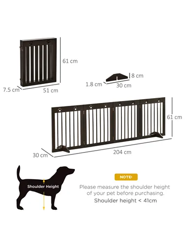 PawHut Freestanding Pet Gate 4 Panel Wooden Dog Barrier Folding Safety Fence with Support Feet up to 204cm Long 61cm Tall for Do